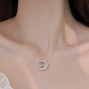 925 Sterling Silver Diamond Moon Star Necklace P